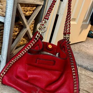 Michael Kors Large Mina Red Pebbled Leather Shoulder Bag with Gold Chain Trim